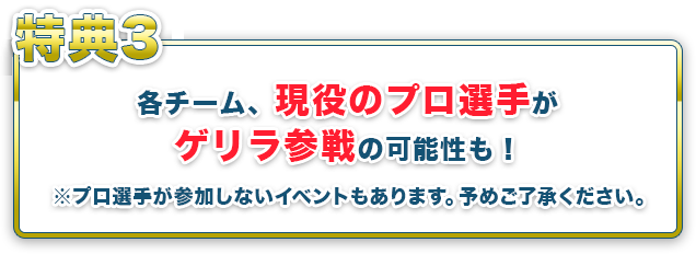 特典3 各チーム、現役のプロ選手がゲリラ参戦の可能性も！ ※プロ選手が参加しないイベントもあります。予めご了承ください。